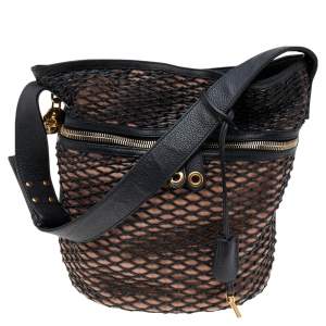 Alexander McQueen Black/Peach Woven Detail Leather Skull Bucket Bag