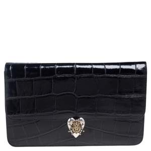 Pre Owned Alexander McQueen Black Crocodile Embossed Leather Heart Lock Clutch