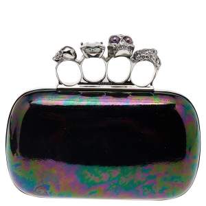 Pre Owned Alexander McQueen Holographic Patent Leather Skull Knuckle Box Clutch