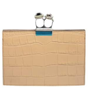 Pre Owned Alexander McQueen Beige/Black Croc Embossed Leather Two Ring Clutch