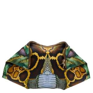 Pre Owned Alexander McQueen Multicolor Print Satin and Leather Medium De Manta Clutch