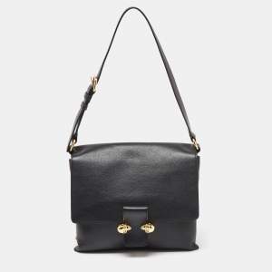 Pre Owned Alexander McQueen Black Leather Flap Twin Skull Shoulder Bag