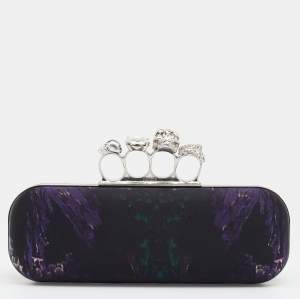 Pre Owned Alexander McQueen Black Print Satin Skull Knuckle Box Clutch