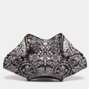 Pre Owned Alexander McQueen Black/White Printed Satin and Leather Medium De Manta Clutch