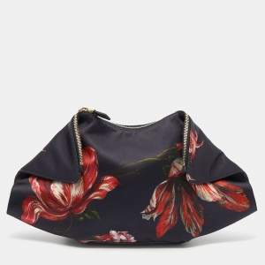 Pre Owned Alexander McQueen Black/Red Floral Print Satin And Leather Medium De Manta Clutch