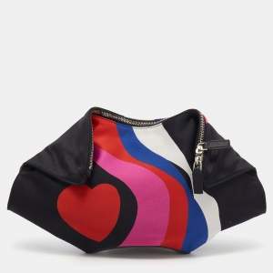 Pre Owned Alexander McQueen Black Heart Print Satin And Leather Medium De Manta Clutch