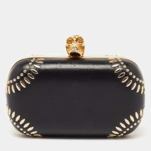 Pre Owned Alexander McQueen Black Studded Leather Skull Lock Clutch