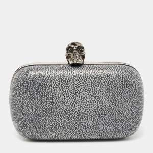 Pre Owned Alexander McQueen Grey Stingray Effect Leather Skull Clutch