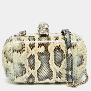 Pre Owned Alexander McQueen Cream/Blue Snakeskin Skull Crystal Embellished Box Chain Clutch