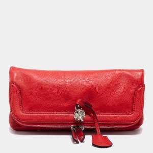 Pre Owned Alexander McQueen Red Skull Padlock Leather Studded Foldover Clutch