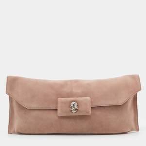 Pre Owned Alexander McQueen Pink Suede Crystal Embellished Skull Clutch