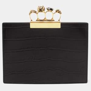Pre Owned Alexander McQueen Black Embossed Croc Leather Skull Knuckle Duster Clutch