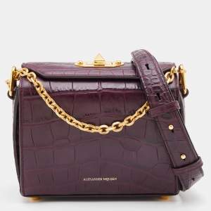 Alexander McQueen Burgundy Croc Embossed Leather Box 16 Shoulder Bag