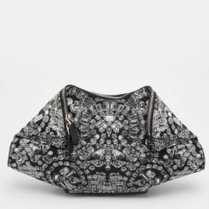 Alexander McQueen Black Satin and Leather Jewel Printed Large De Manta Clutch