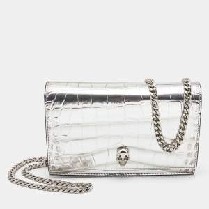 Pre Owned Alexander McQueen Silver Croc Embossed Leather Small Skull Shoulder Bag 