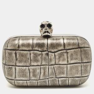 Alexander McQueen Grey/Black Croc Embossed Leather Skull Box Clutch
