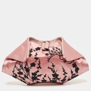 Pre Owned Alexander McQueen Pink/Black Embroidered Satin and Leather De Manta Clutch