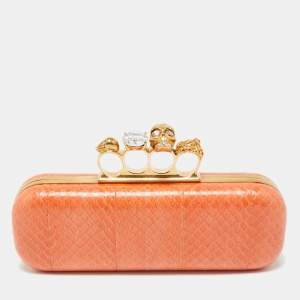 Alexander McQueen Orange Watersnake Leather Skull Knuckle Box Clutch