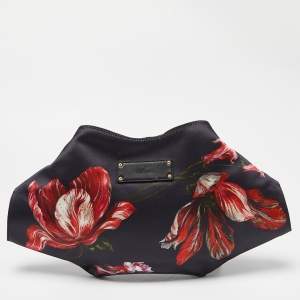 Pre Owned Alexander McQueen Black/Red Floral Print Satin and Leather Medium De Manta Clutch