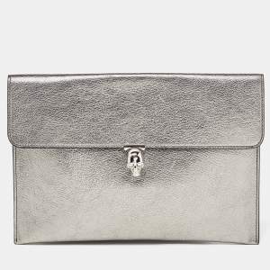 Pre Owned Alexander Mcqueen Silver Leather Skull Zip Pouch