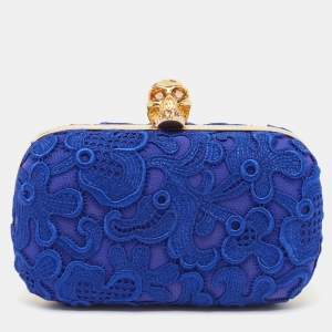 Pre Owned Alexander McQueen Blue Floral Lace Skull Box Clutch
