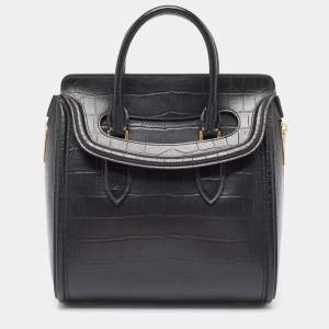 Alexander McQueen Black Croc Embossed Leather Heroine Bag