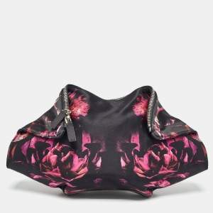 Pre Owned Alexander McQueen Black/Magenta Floral Print Satin De Manta Clutch