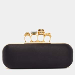 Alexander McQueen Black Satin Skull Knuckle Box Clutch