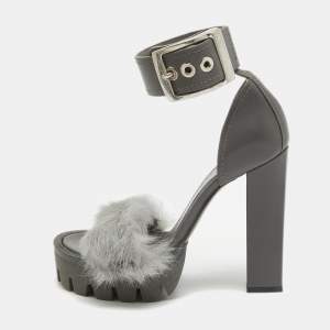 Alexander McQueen Dark Grey Leather and Fur Ankle Strap Sandals Size 37