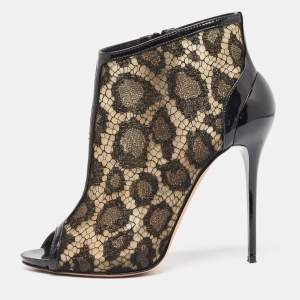 Alexander McQueen Black Lace and Patent Open Toe Ankle Booties Size 37