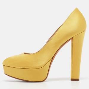 Alexander McQueen Yellow Satin Peep Toe Platform Pumps Size 38