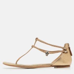 Alexander McQueen Gold Braided Leather Skull Detail Thong Flat Sandals Size 41