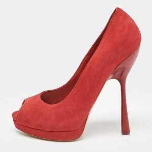 Alexander McQueen Red Suede Peep Toe Platform Pumps Size 38.5