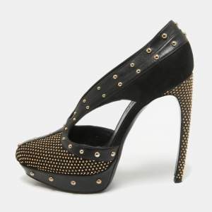 Alexander McQueen Black Leather and Suede Studded Platform Pumps Size 41