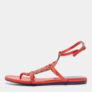 Alexander McQueen Red Leather Ankle Strap Flat Sandals Size 37