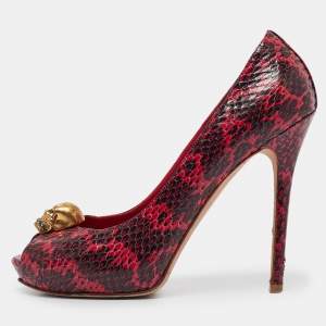 Alexander McQueen Pink Python Leather Skull Peep Toe Pumps Size 39.5