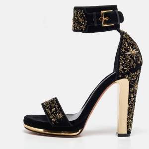 Alexander McQueen Black Velvet Embellished Ankle Strap Sandals Size 39