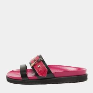 Alexander McQueen Pink/Black Croc Embossed and Leather Flat Slides Size 38