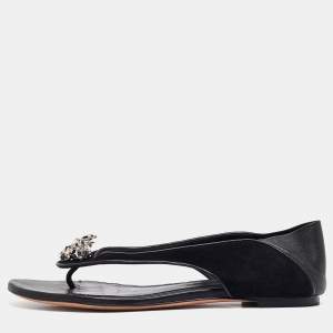 Alexander McQueen Black Leather and Suede Skull Flat Sandals Size 40