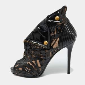 Alexander McQueen Black/Beige Patent Leather and Mesh Faithful Ankle Booties Size 38.5
