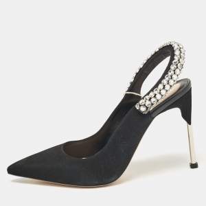 Alexander McQueen Black Suede Crystal Embellished Slingback Pumps Size 39
