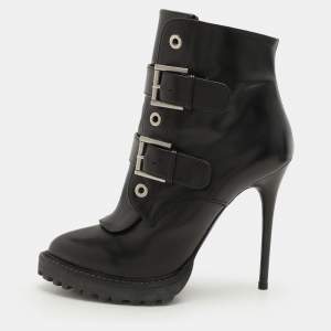 Alexander McQueen Black Leather Buckle Detail Ankle Length Boots Size 38