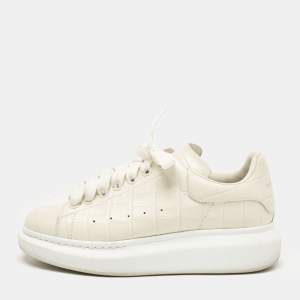 Pre Owned Alexander McQueen Cream Croc Embossed Leather Oversized Low Top Sneakers Size 37.5