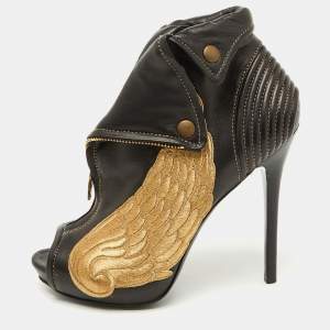 Alexander McQueen Black Leather Wings Embroidered Faithful Ankle Length Boots Size 39