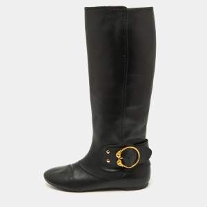 Alexander McQueen Black Leather Buckle Detail Knee length Boots Size 40