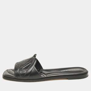 Alexander McQueen Black Leather Seal Flat Slides Size 37