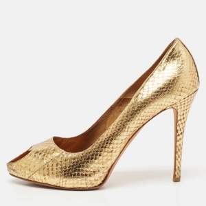 Alexander McQueen Gold Python Embossed Leather Heart Peep Toe Pumps Size 40.5