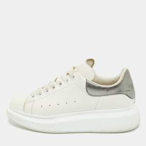 Alexander McQueen White/Metallic Leather Oversized Lace Up Sneakers Size 38.5