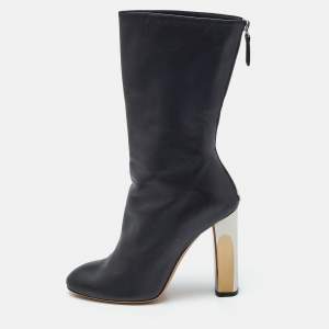 Alexander McQueen Black Leather Sculpted Heel Mid Calf Boots Size 37