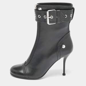Alexander McQueen Black Buckled Leather Ankle Boots Size 38